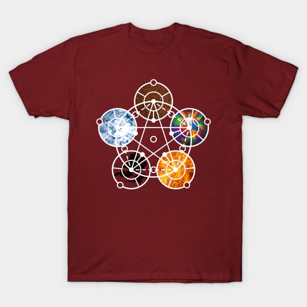 Five Elements Pentagram, Earth, Fire, Wind, Water, Spirit T-Shirt by Weird Lines